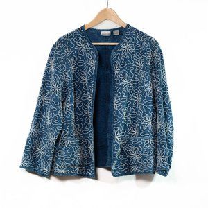 Chico’s L Linen Jacket Blue Floral Embroidered Open Front Pockets Lagenlook